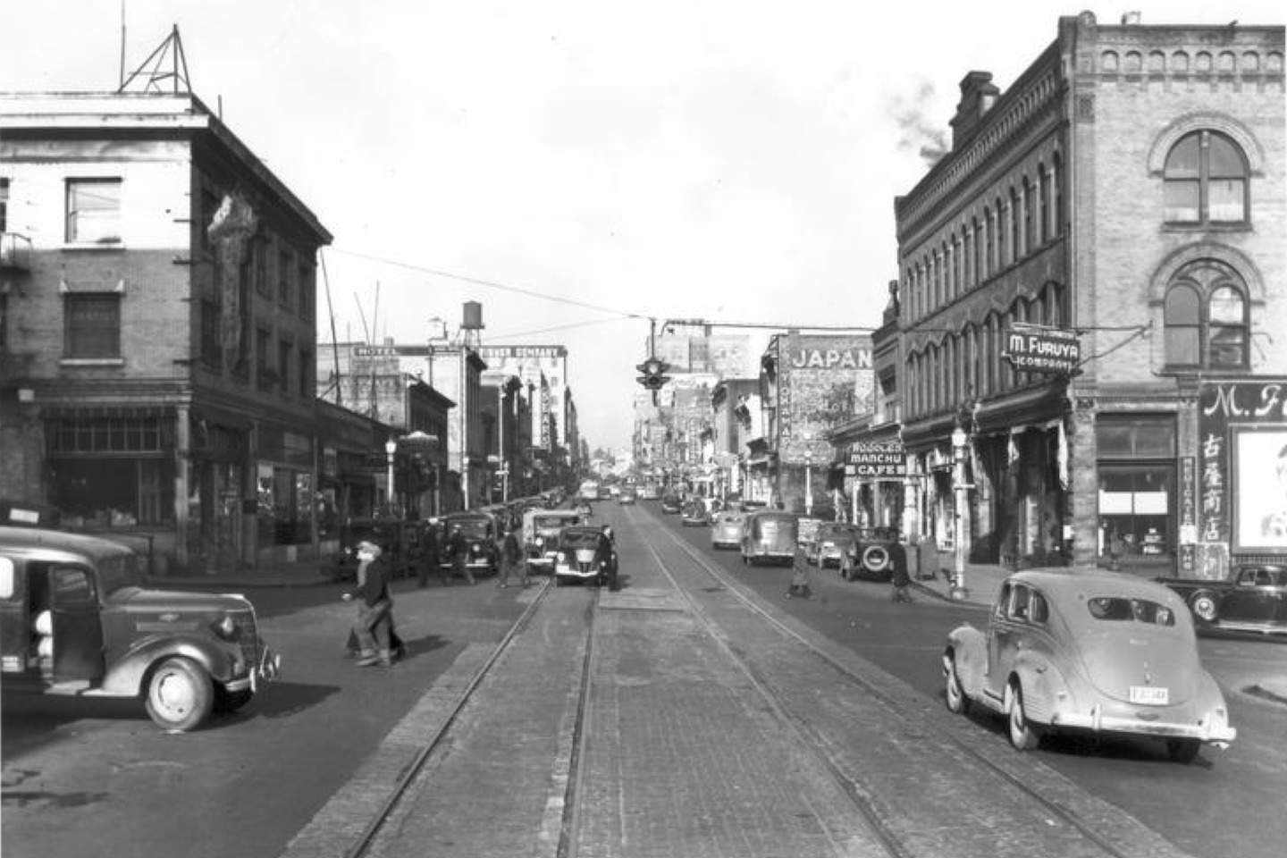 Street view of downtown Tacoma, black-and white image