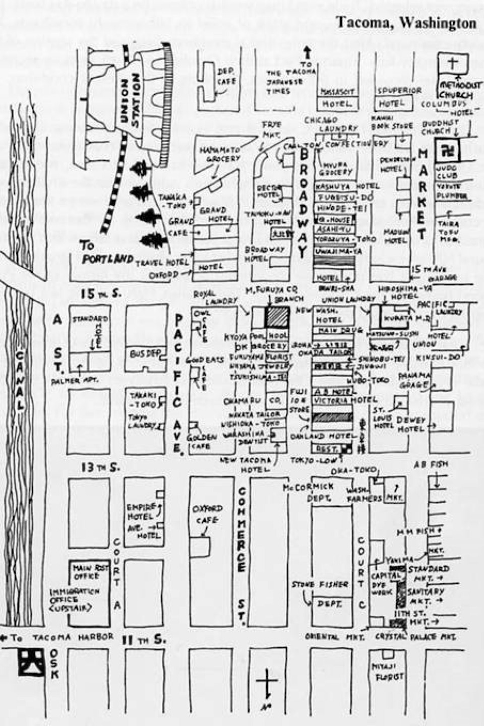 A black and white line drawing map of Tacoma’s Japantown