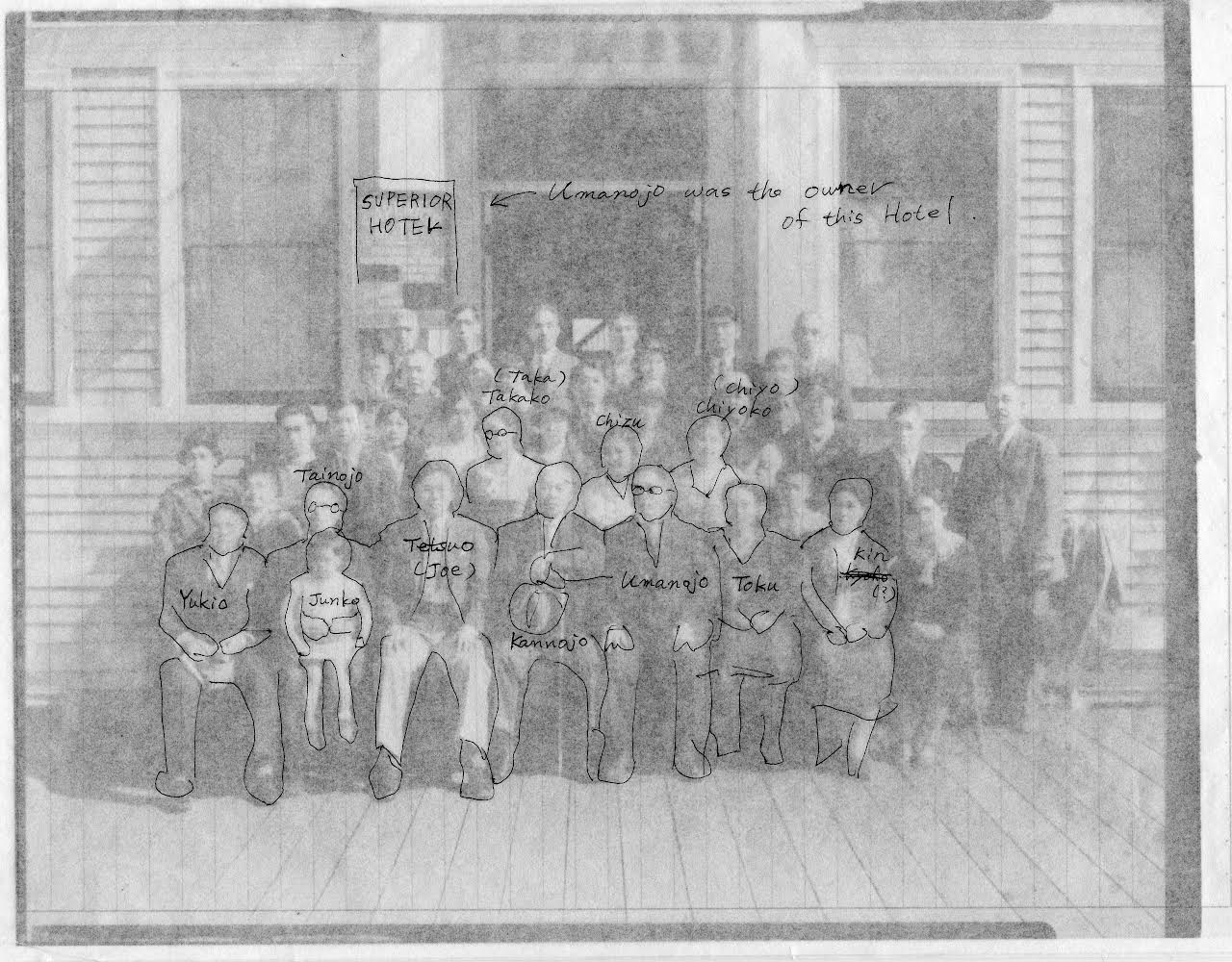 Black-and white photo of a group of Japanese people in front of a wooden hotel, with names handwritten over some of the individuals.